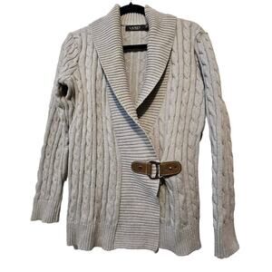 Ralph Lauren Cable Knit Sweater LG Black Label Bridle Buckle Gray Classic Horse